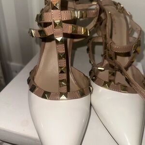 BCBGeneration White and Tan Heels with Gold Studs